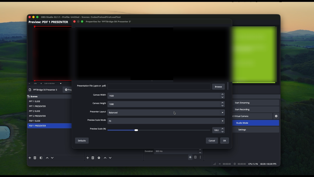 PPTBridge SK Slide and Presenter sources running inside OBS Studio