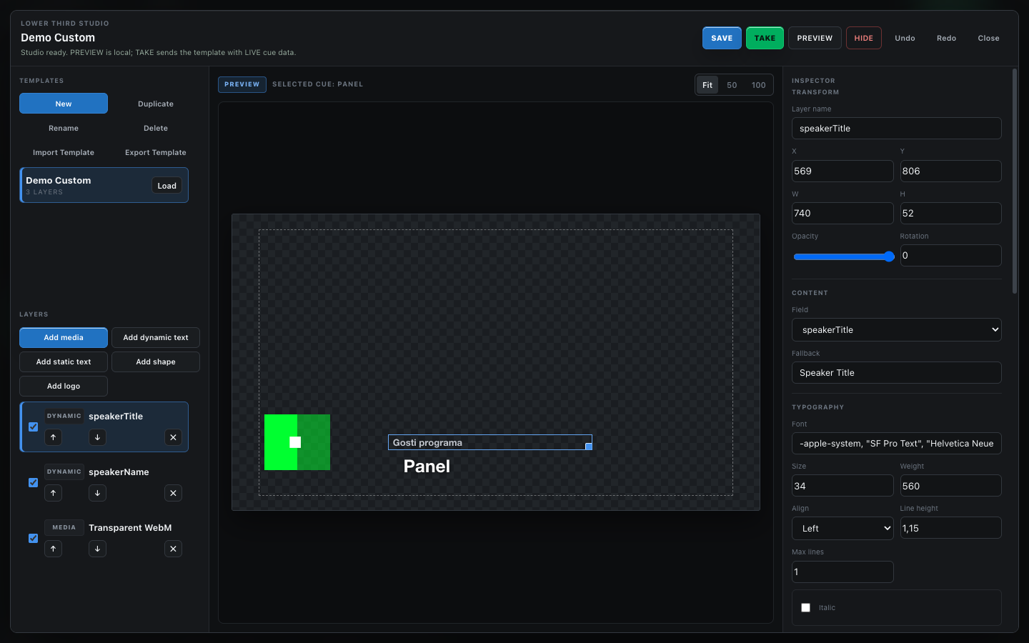 Lower Third Studio with templates, layers, preview canvas and inspector