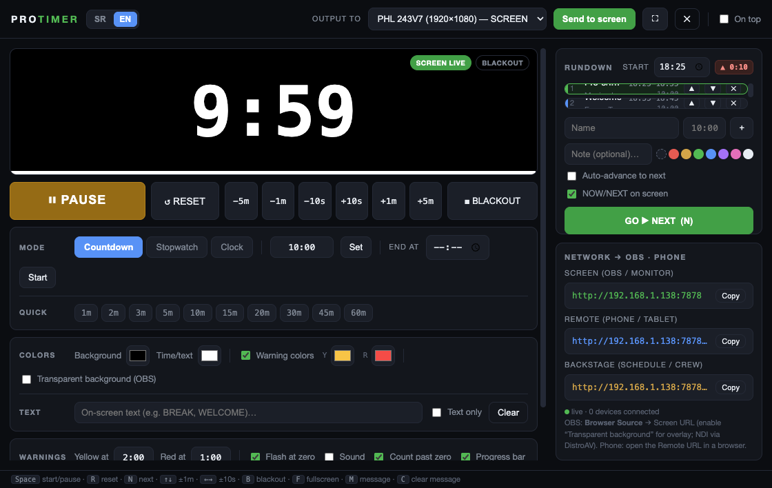 ProTimer control window with transport, modes, colors, rundown and network links