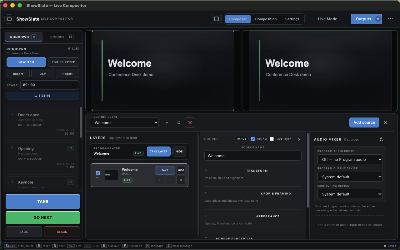 ShowSlate Live Compositor with Preview, Program, rundown, scenes, layers and audio mixer