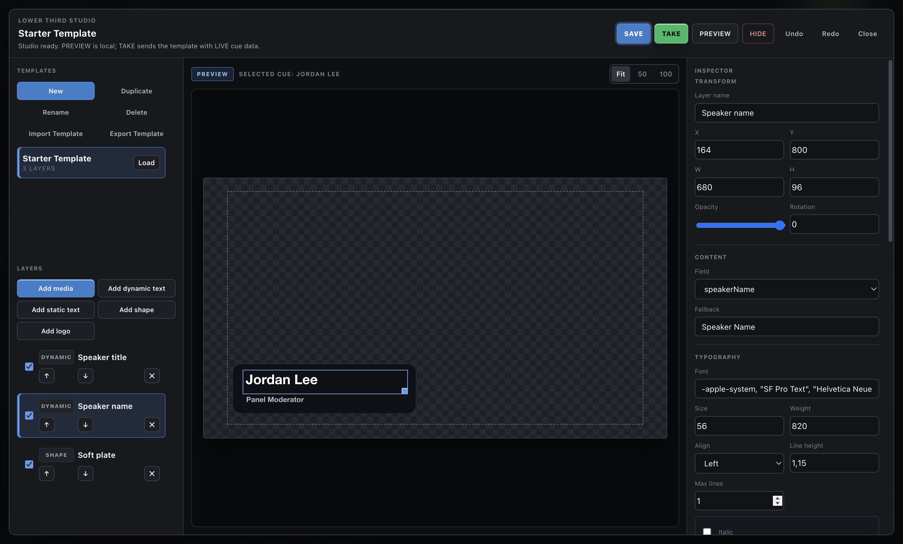 Lower Third Studio with templates, layers, canvas and inspector