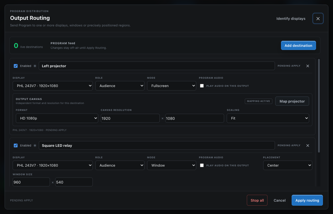 Output Routing with two destinations, independent canvases and projector mapping