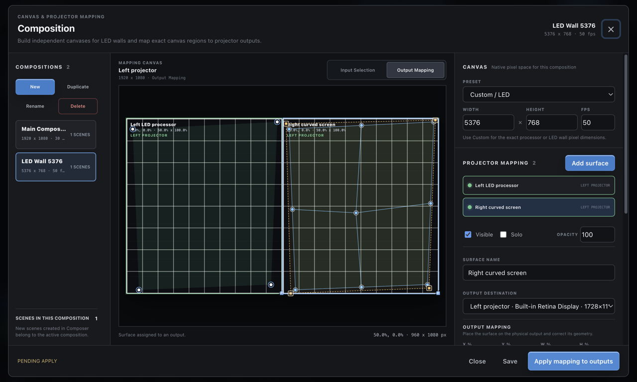 ShowSlate projector mapping workspace with a custom LED canvas, corner points and calibration grid